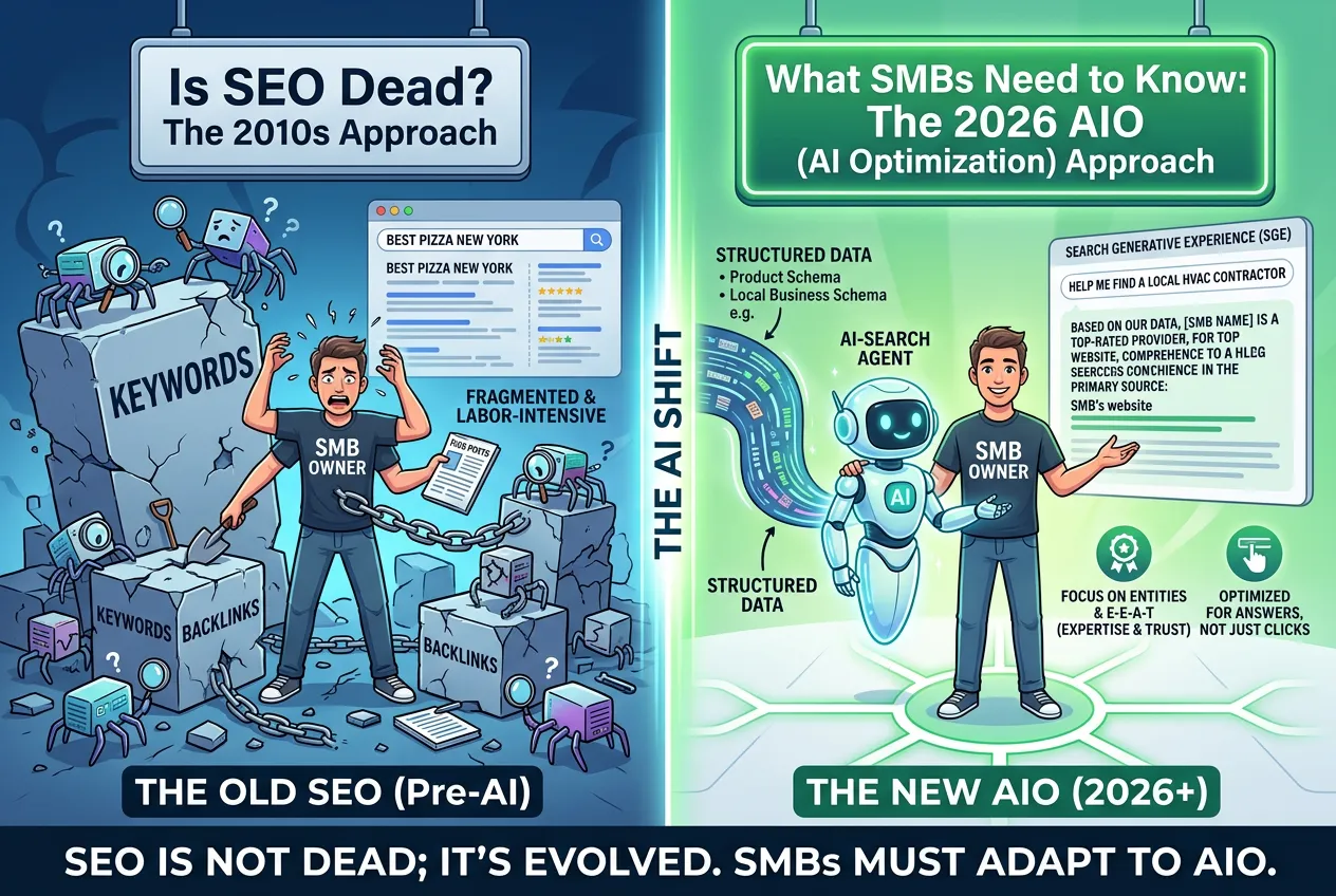 Is SEO dead because of AI infographic showing AI search, Google AI Overviews, ChatGPT, and modern SEO strategies for SMBs in 2026