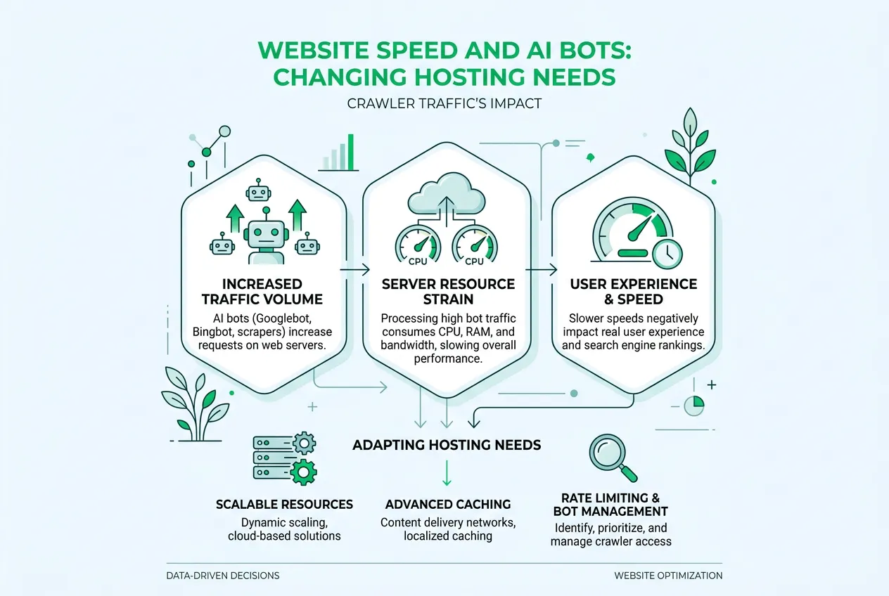 Website Speed and AI Bots How Crawler Traffic Is Changing Hosting Needs Website speed and AI bots affecting hosting infrastructure with AI crawlers, server performance monitoring, bandwidth usage, and website optimization