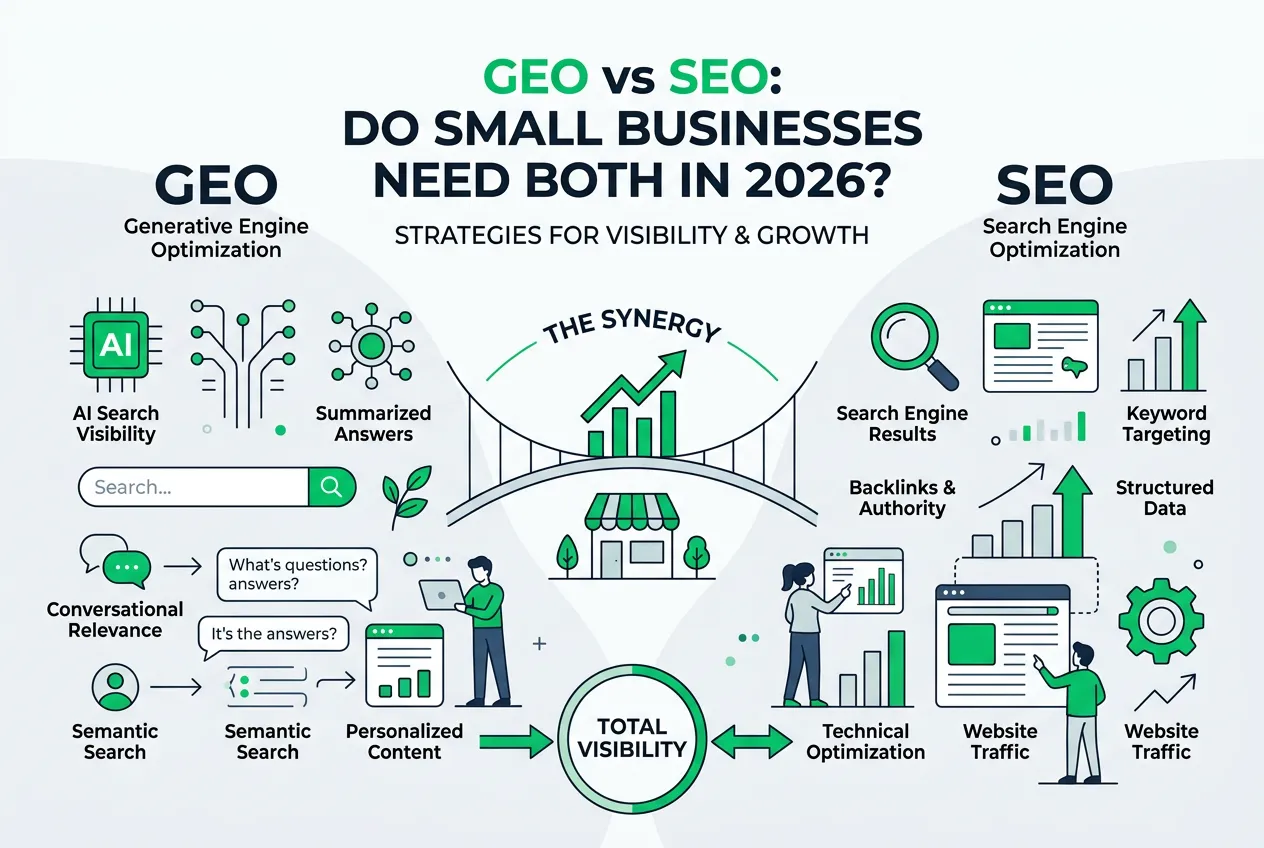GEO vs SEO comparison showing traditional search engine optimization and generative engine optimization strategies for small businesses in 2026