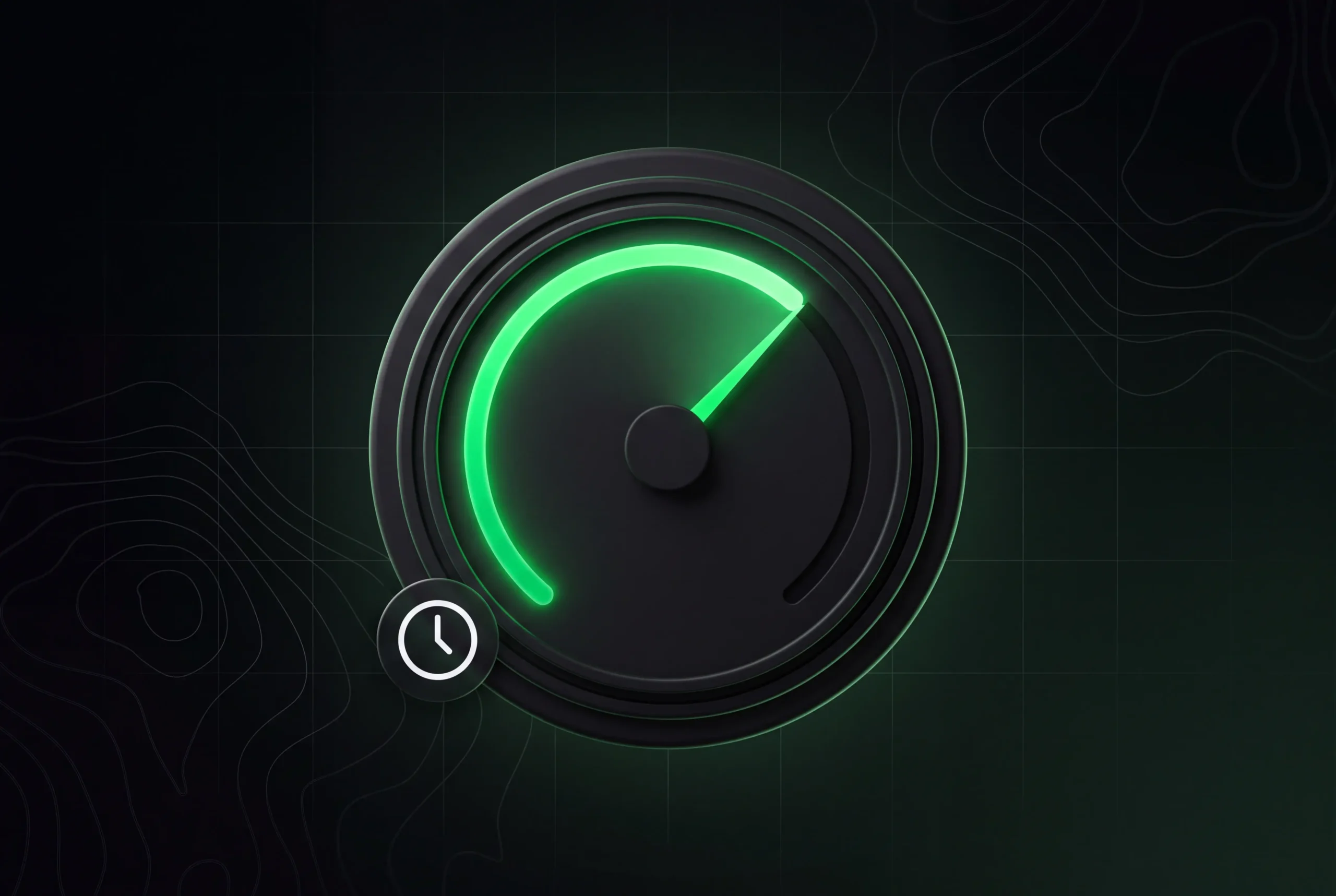 Speedometer dial with a green arc sweeping past centre, with a clock icon beside it
